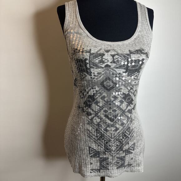 Vintage Almost Famous Sequin Tank Top Gray Y2K Womens XL Aztec Boho Ribbed Party - Picture 1 of 10
